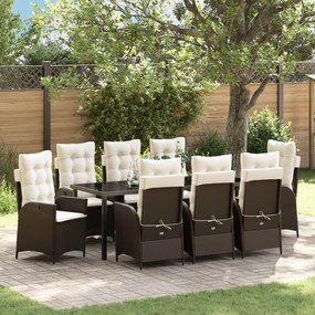Conjunto de Jantar de Jardim de 9 Peças com Almofadas Castanho Vime PE