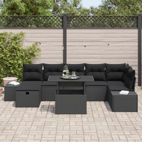 Conjunto de Sofá de Jardim com Almofadas Preto Vime Poliratan