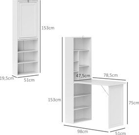 Secretária dobrável para computador com estante, posto de trabalho, quadro branco e prateleira ajustável, 98x51x153 cm, branca