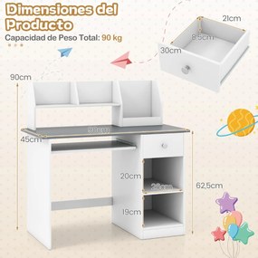 Secretária  para crianças com bandeja para teclado, gaveta e estante multifuncional (CADEIRA NÃO INCLUIDA) cinza + branco