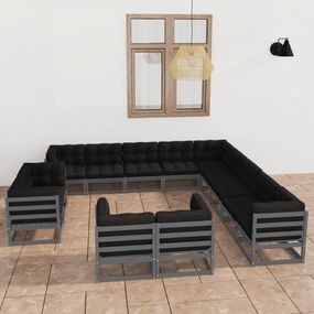 13pcs conjunto lounge de jardim + almofadões pinho maciço cinza