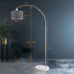 Candeeiro de pé em arco ajustável 150-175 cm Cinzento + Prateado