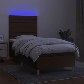 Cama box spring c/ colchão/LED 100x200cm tecido castanho-escuro