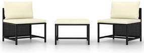 3 pcs conjunto sofás de jardim com almofadões vime PE preto