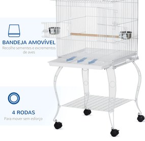 Gaiola para Pássaros com Rodas Gaiola Grande com Suporte 50x49x137cm com Bandeja Amovível Portas Comedouro Poleiro e Prateleira Inferior para Canários