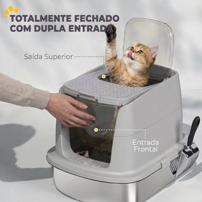 Caixa de Areia para Gatos em Aço Inoxidável L com Tampa Removível e Pá Inox, Cinzento Claro