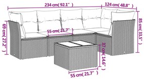 6 pcs conjunto sofás de jardim com almofadões vime cinzento