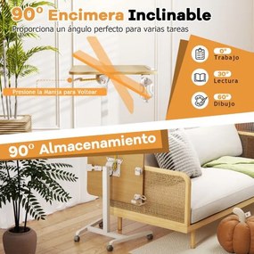 Secretária dobrável com tampo inclinável 90° Altura ajustável com rodas universais Gancho e porta-copos 60 x 48 x 76-111 cm Natural