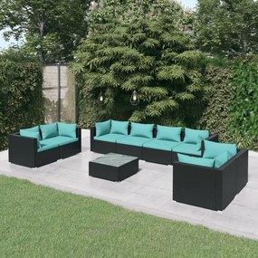 vidaXL 9 pcs conjunto lounge de jardim c/ almofadões vime PE preto