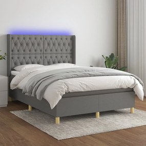 Cama box spring c/ colchão e LED 140x200 cm tecido cinza-escuro