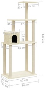 Árvore para gatos c/ postes arranhadores sisal 147 cm cor creme