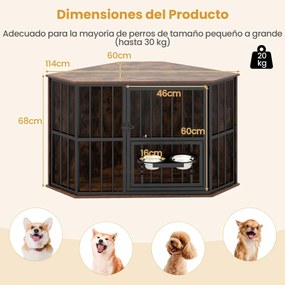 Gaiola de canto para cães 114 x 60 x 68 cm com comedouro ajustável, 2 tigelas de aço inoxidável, porta com fechadura e pés ajustáveis, castanho