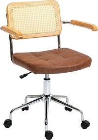 Cadeira de Escritório Giratória com Altura Ajustável Função Basculante e Encosto de Vime Sintético 60x55,5x82-90 cm Castanho