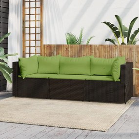 vidaXL 3 pcs conjunto lounge jardim c/ almofadões vime PE castanho