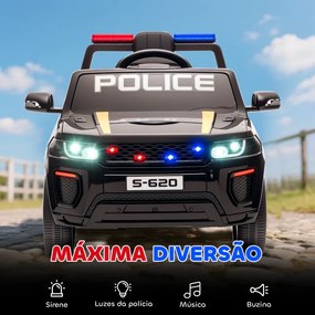 Carro Elétrico para Crianças de Polícia 12V com Motor Duplo Suspensão em 4 Rodas Sirene Faróis LED Porta USB Bluetooth e Música Preto