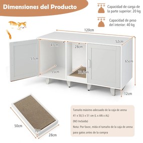 Movel para caixa areia para gatos com tábua de raspar escondida para a casa de banho e pernas de madeira amovíveis 120 x 52 x 65 cm Cinzento