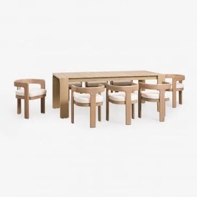 Set De Mesa Retangular 220x100 Cm Em Madeira De Acácia Mirelen E 8 Cadeiras De Jardim Em Madeira De Acácia E Tecido Bouclé Kandr Marrom Acácia Claro -