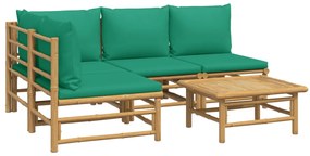 5 pcs conjunto lounge de jardim bambu c/ almofadões verdes