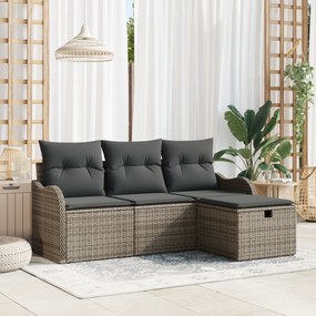 Conjunto de Sofá de Jardim de 4 Peças com Almofadas Cinza em Rattan Po