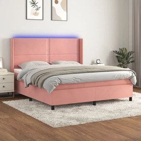Cama box spring c/ colchão/LED 160x200 cm veludo rosa
