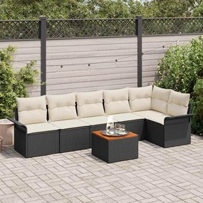 vidaXL Conjunto de Sofá de Jardim de 7 Peças com Almofadas Preto Rattan Poliéster Acácia