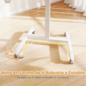 Secretária dobrável com tampo inclinável 90° Altura ajustável com rodas universais Gancho e porta-copos 60 x 48 x 76-111 cm Natural