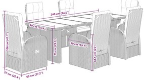7 pcs conjunto de jantar p/ jardim c/ almofadões vime PE preto