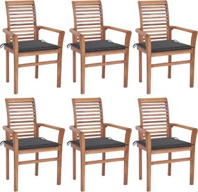 vidaXL Cadeiras de jantar c/ almofadões antracite 6 pcs teca maciça