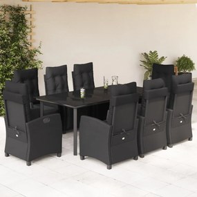 9 pcs conjunto de jantar p/ jardim c/ almofadões vime PE preto