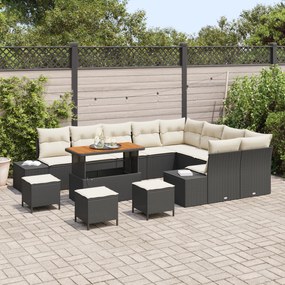 Conjunto de Sofás de Jardim de 13 Peças com Almofadas Preto Rattan PE