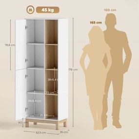 Móvel de casa de banho 62,5 L x 35 P x 176 A cm, móvel de arrumação, 2 portas, 4 compartimentos abertos e prateleiras ajustáveis, branco e natural