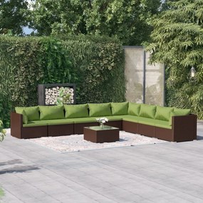 vidaXL 9 pcs conjunto lounge de jardim c/ almofadões vime PE castanho