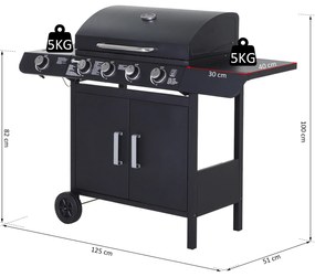 Outsunny Barbecue a Gás com 4+1 Queimadores 14,4KW Mesas Laterais Armário de Armazenamento Termômetro e 2 Rodas Aço Inoxidável 125x51x100cm Preto