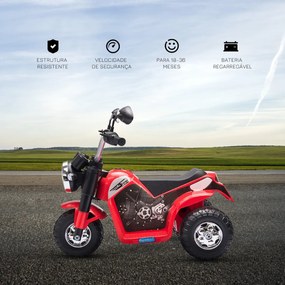 Motocicleta Elétrica Infantil com 3 Rodas Triciclo a Bateria 6V para Crianças de 18-36 Meses com Farol Buzina 72x57x56cm Vermelho