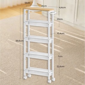 Carrinho de cozinha estreito com rodas e 5 prateleiras 13 x 45,4 x 99,6 cm branco + cor de carvalho