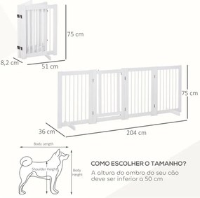 Barreira de Segurança para Cães 204x36x75 cm em Madeira Dobrável para Escadas e Portas para Cães Pequenos e Médios de 4 Painéis Branco