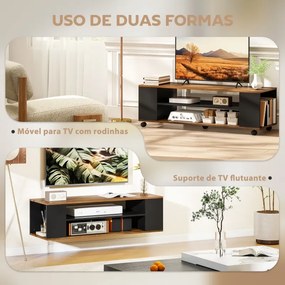 Móvel para TV com Rodas Armário para TV Flutuante com 2 Portas e 2 Prateleiras 120x40x38,5 cm Preto e cor Nogueira