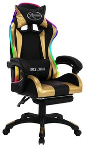 Cadeira estilo corrida luzes LED RGB couro artif. dourado/preto