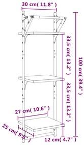 Estante 3 prateleiras c/ barras 2pcs 30x25x100 cm cinza sonoma