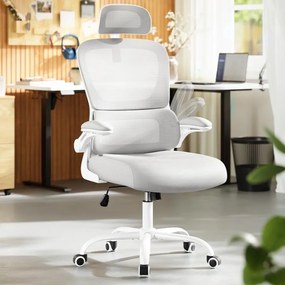 Cadeira ergonómica para escritório com tecido em rede e apoios de braços rebatíveis 64 x 71,5 x 116-135 cm Cinzento