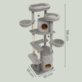 Arranhador para gatos 55 x 60 x 196 cm, árvore com vários níveis, com plataformas cinzento claro