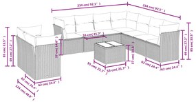 10 pcs conjunto sofás de jardim c/ almofadões vime PE cinzento