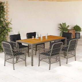 7 pcs conjunto de jantar p/ jardim c/ almofadões vime PE cinza