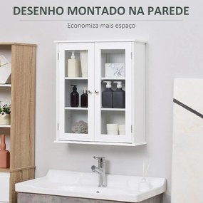 Armário Casa de Banho de Parede com 2 Portas de Cristal Armário Suspenso com Prateleiras Ajustáveis em Altura Multiuso para Cozinhas Sala de Estar 55x