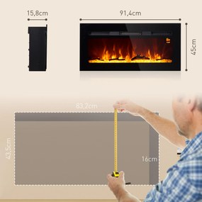 Lareira Elétrica 1800W com Efeito de Chama em LED 3 Cores e 5 Níveis de Luminosidade 91,4x15,8x45 cm