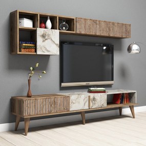 Móvel de TV Milan com Armário de Parede – Nogueira e Branco Mármore (1