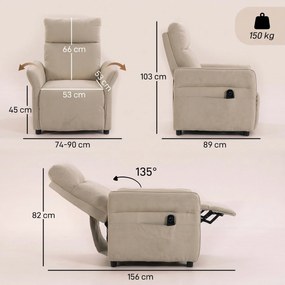 Poltrona de Massagem com Aquecimento, Reclinação Push-Back 135°, Apoio para Pés, Apoios de Braços Ajustáveis e 2 Bolsos, Bege
