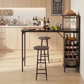 Conjunto mesa 120 x 40 x 120 cm e 2 cadeiras de bar, mesa e bancos industriais com suportes para copos, estantes para sala de jantar e cozinha, preto