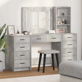 Conjunto de Mesa de Maquilhagem 3 Peças com LED Cinza Concreto Madeira de Engenharia