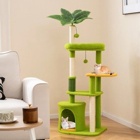 Arranhador para gatos com 122 cm de altura com vários níveis e folhas artificiais com Postes para arranhar de sisal  Verde e Laranja